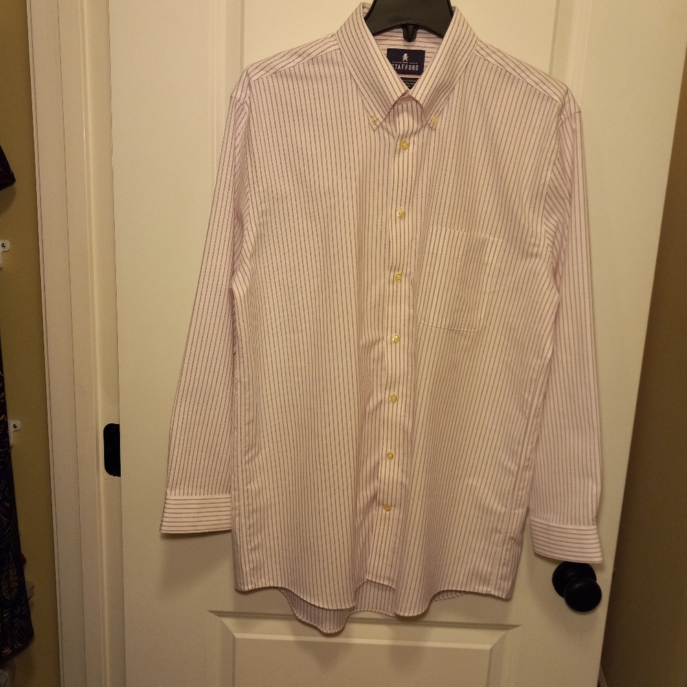 Men's Stafford Dress Shirt, Like New, White w/ Pink Pinstripes,  16 1/2